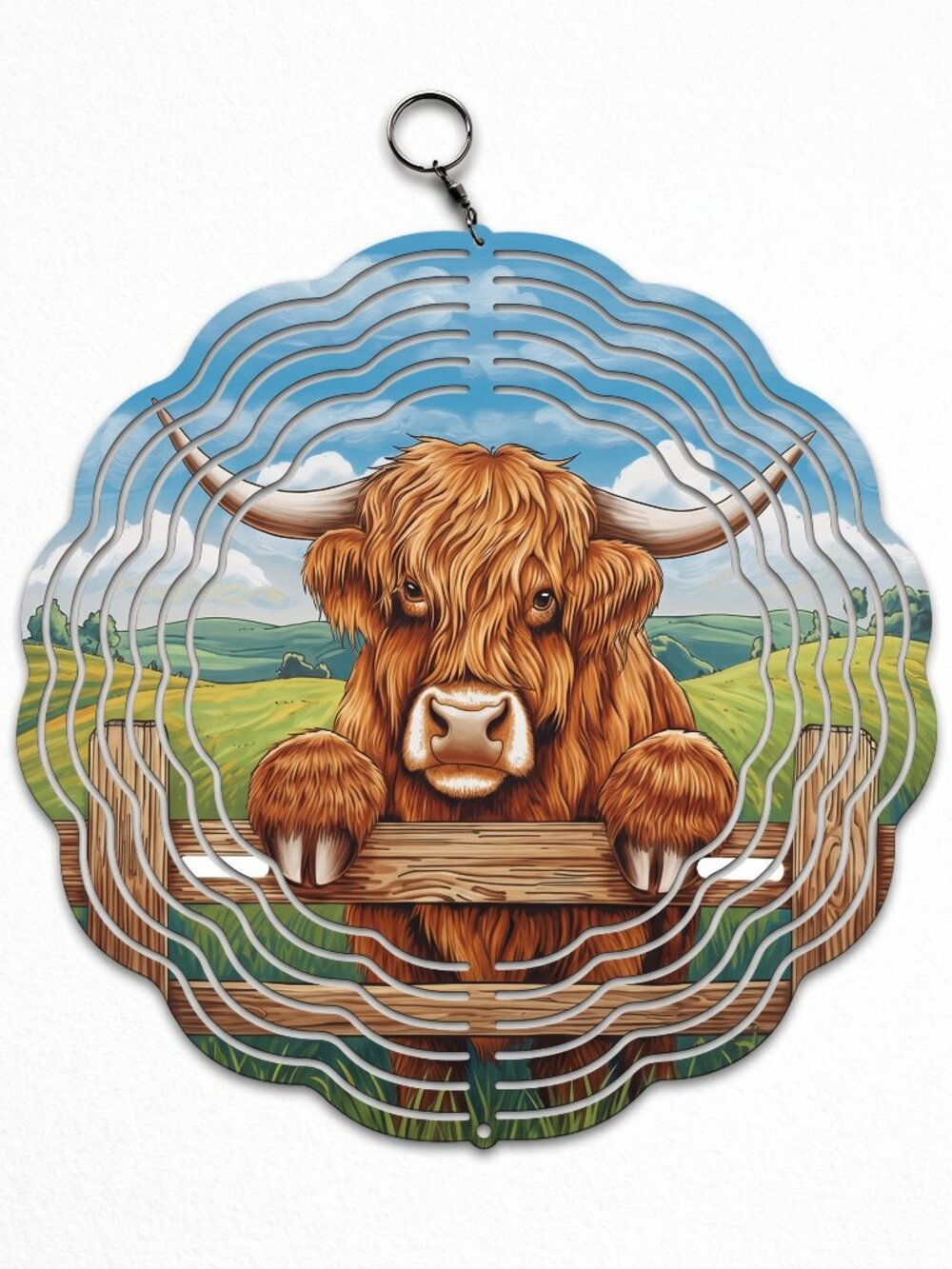 10" Highland Cow Fence Kinetic Wind Spinner - Metal Hanging Yard Decor